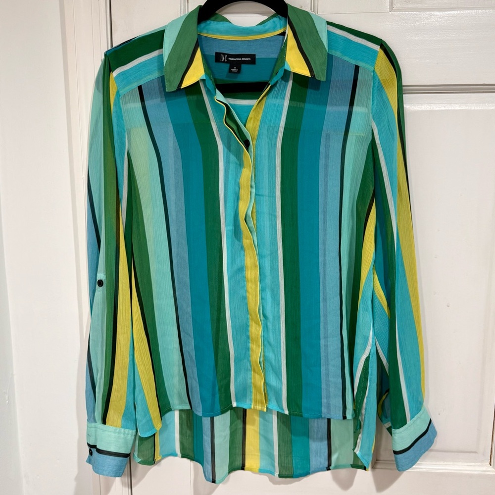 INC International Concepts Striped Semi-Sheer Button Down Blouse